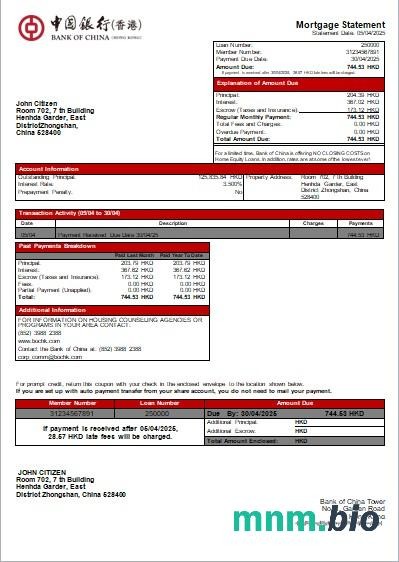 Hong Kong Bank of China wyciąg z kredytu hipotecznego szablon Word i PDF
